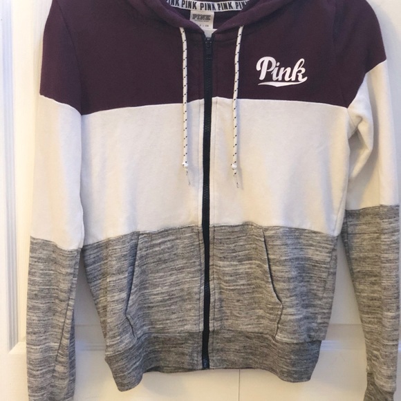 PINK zip hoodie. Maroon, white, grey. Hood letters - Picture 1 of 6